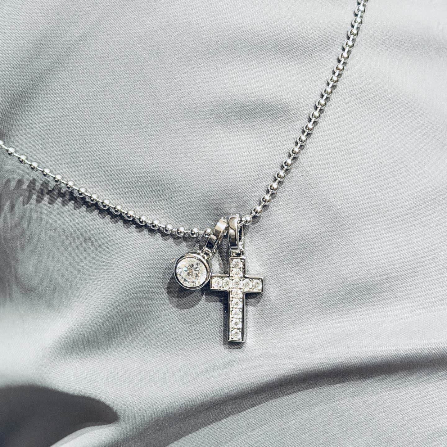 Chrome Hearts Silver Cross and Round Diamond Pendant Necklace